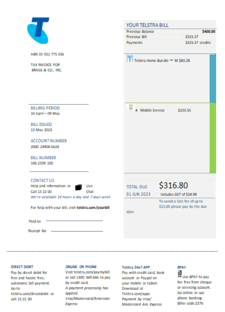 Telstra Group Limited telecommunications utility business bill, SCR PSD template